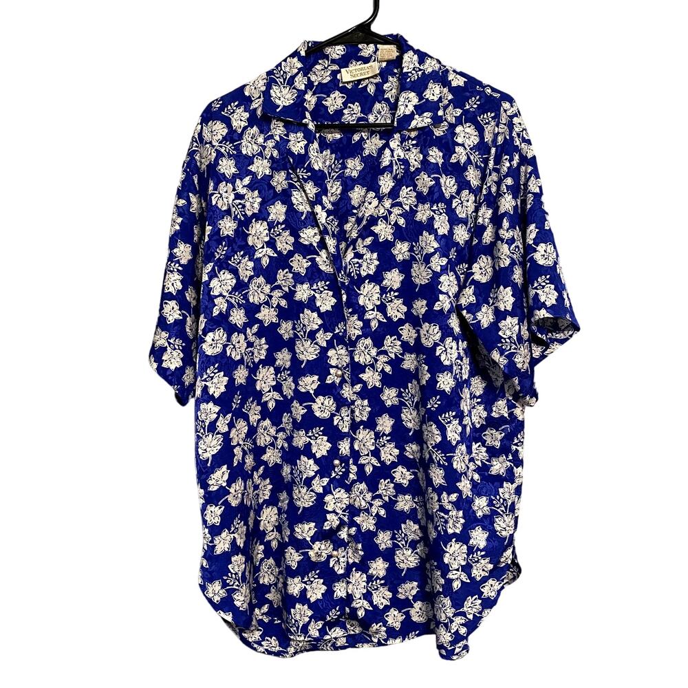 Victoria Secret Small Womens Vintage Pajama Top Floral Blue White Pearl Button
